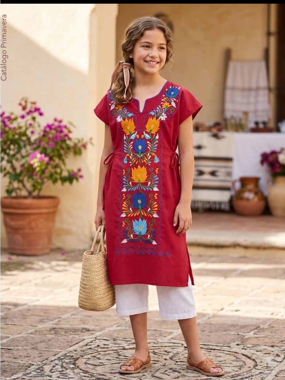Hand Crafted Red Embroidered Tunic with Multicolor Floral Design